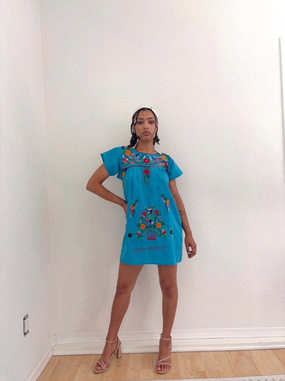 80s Mexican Embroidered Dress (S) small blue vintage micro mini floral colorful